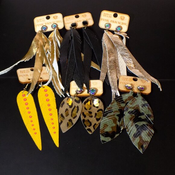 Pink Panache Jewelry - Lot 6 Pairs w/$221 Tags Pink Panache Leather Boho Feathered Earrings Bundle